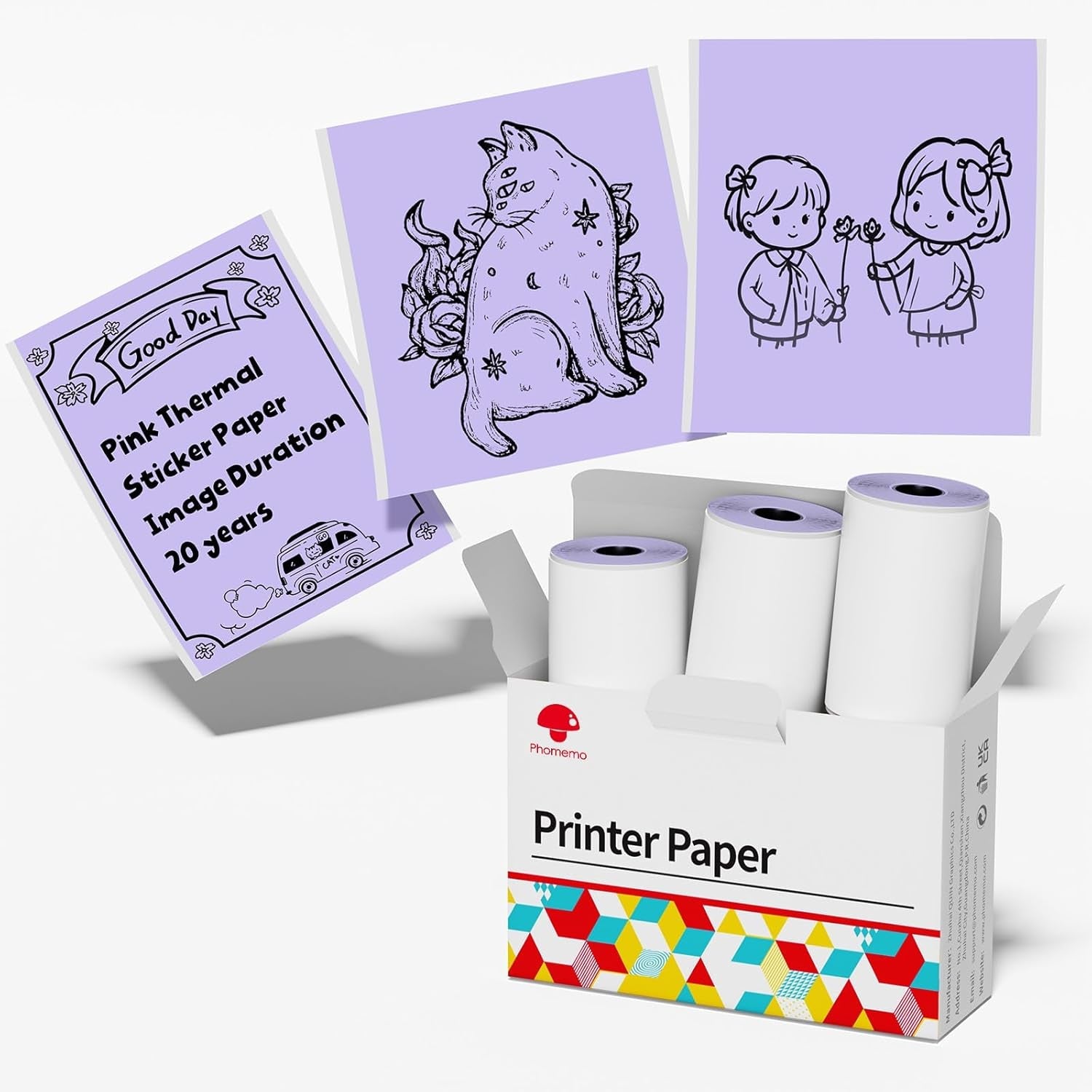 Phomemo Purple Self-Adhesive Thermal Paper, Glossy Sticker Paper Label for Phomemo M02/M02 Pro/M02S/P2S/M03/M04S Mini Sticker Printer, 50Mm X 3.5M, Diameter 28Mm, 3-Rolls, Image Time 20 Years