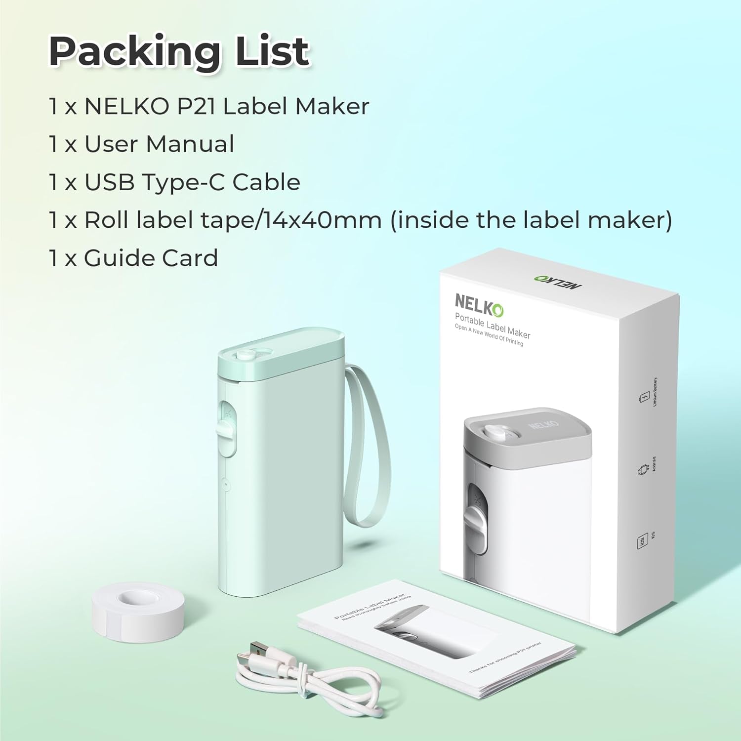 Nelko Label Maker Machine with Tape, P21 Bluetooth Label Printer, Wireless Mini Label Makers with Multiple Templates for Organizing Office Home, Green