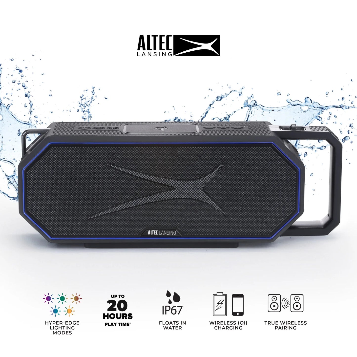 Hydrashock 2.0 Everythingproof™ Bluetooth Speaker, 20H Playtime, Hyperedge LED, Qi Wireless Charging, IP67 Waterproof, Party Sync, USB-C Fast Charge