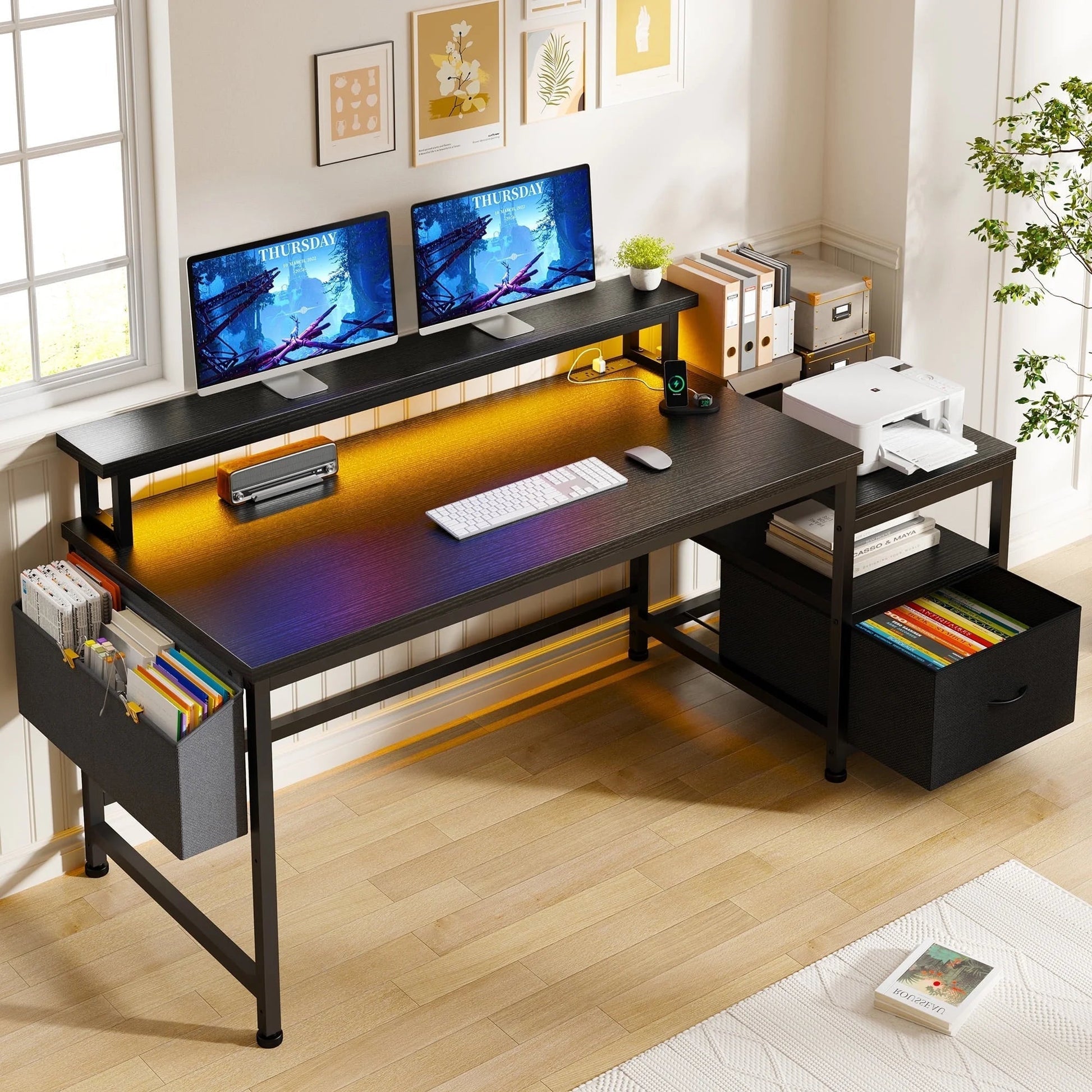 56.5" Computer Desk with Monitor Stand, Office Desk with Fabric File Cabinet, Gaming Computer Desk for Home Office Bedroom, Black
