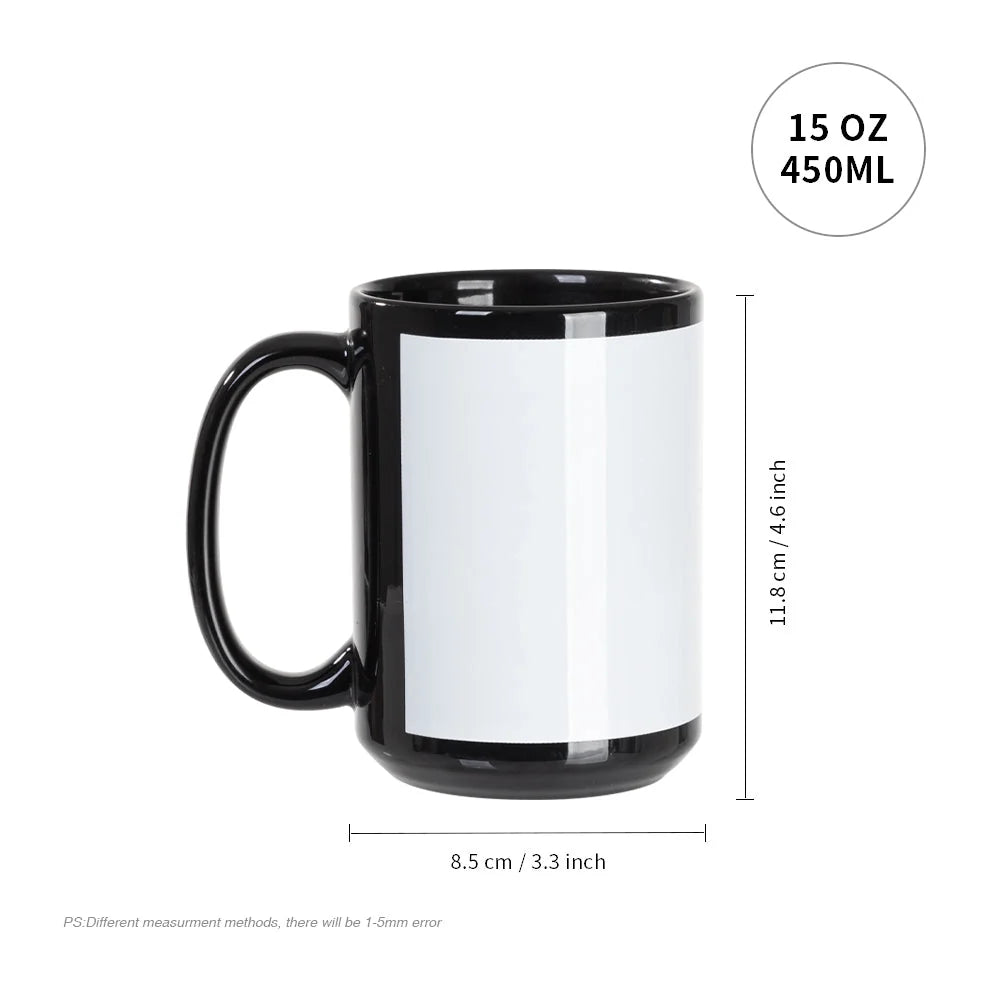 Sublimation Coffee Mugs Blank Black with White Patch 15 OZ 8 Pack