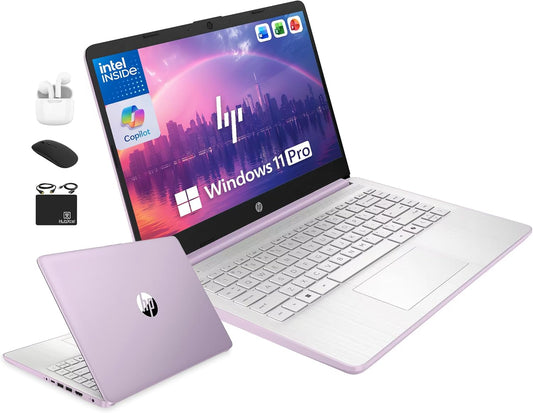 HP 14" Laptop Computer for 2026 Student Business Productivity, MS Office & Win 11 Pro, Copilot AI, Intel 4-Core CPU, 4GB DDR5 RAM, 628GB Storage (128GB UFS+500GB Ext), Wi-Fi 6, Hubxceladdon, Lavender
