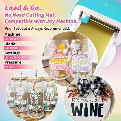 5.5"X12" Smart Adhesive Vinyl 25 Colors Holographic Chrome, Matte & Glossy Permanent Vinyl Bundle & 2 PCS Transfer Tape - No Need Cutting Mat- Compatible with Joy Machine for Handcrafts