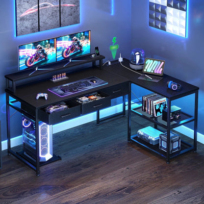 53 Inch Reversible L Shaped Desk with 3 Drawers, Computer Gaming Desk with Power Outlets & USB Ports, Monitor Stand for Home Office, Corner Desk with Large Storage Space, Modern Black