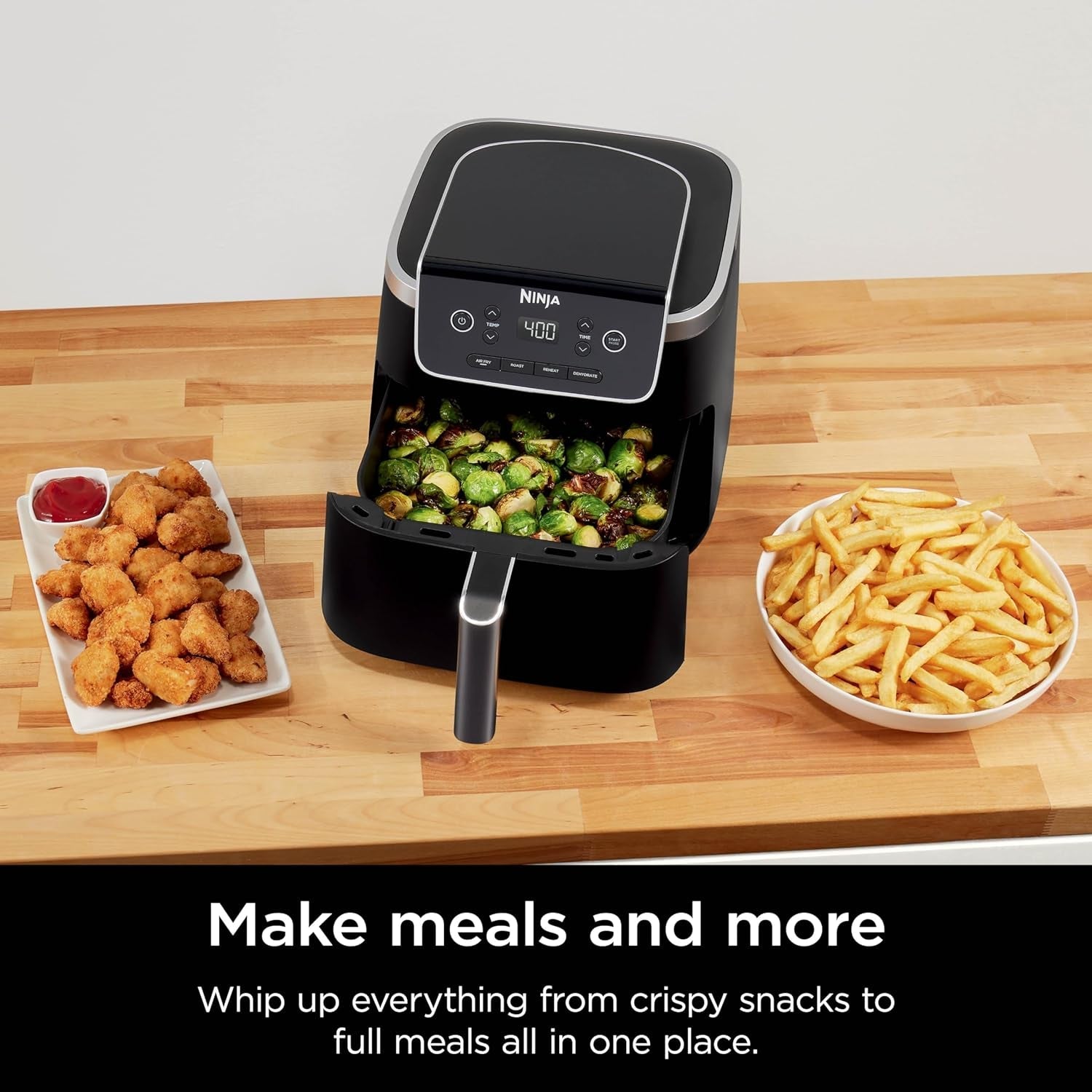 Ninja | Air Fryer | 4-In-1 Pro Air Fry, Roast, Reheat, Dehydrate | 5QT Capacity Fits up to 4Lbs of French Fries | 400F Max Temp | Nonstick Basket & Crisper Plate | 120V | Grey | AF141