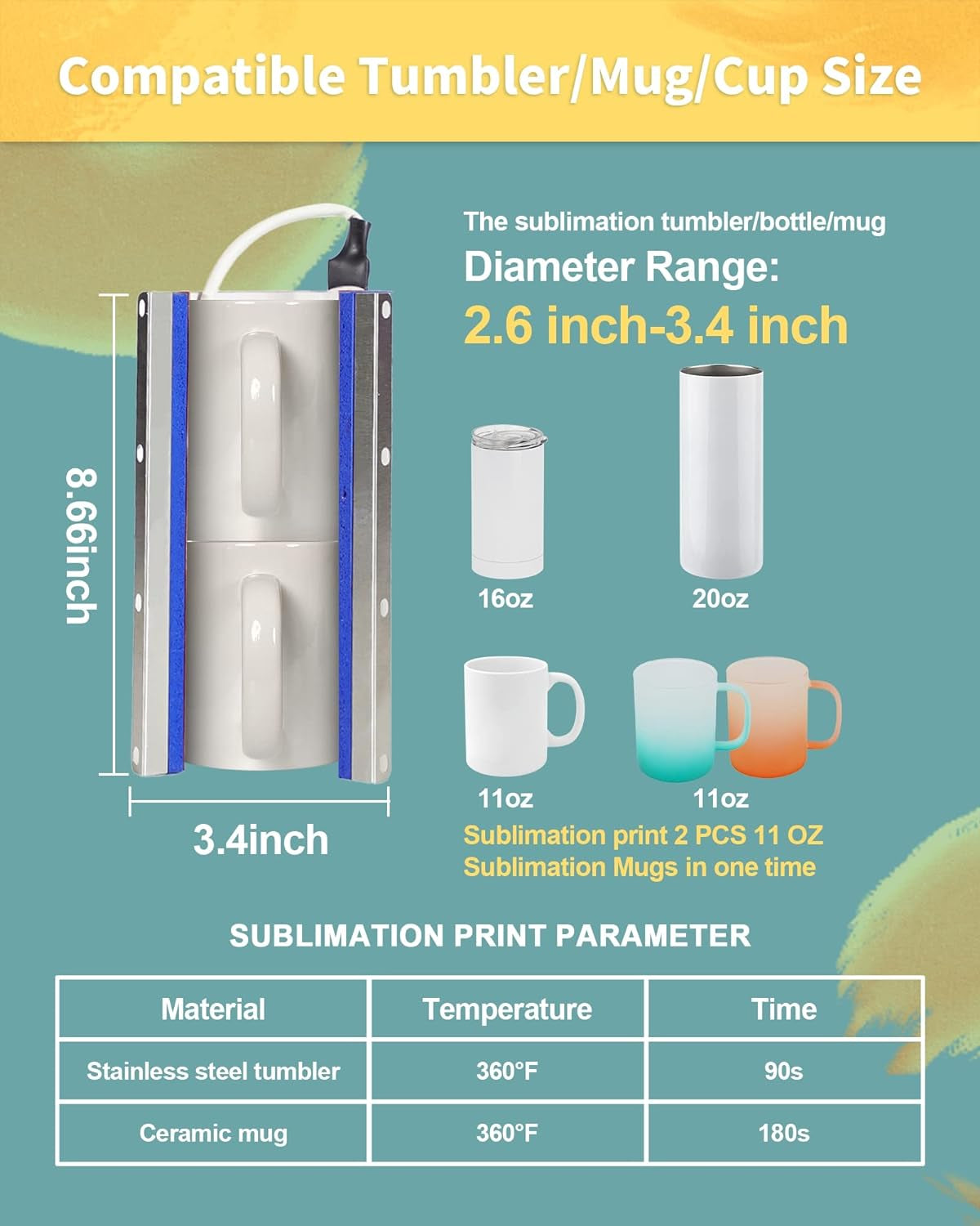 Tumbler Heat Press Machine for 20OZ Sublimation Tumbler Sublimation Ceramic Mugs Heat Transfer Print, Green