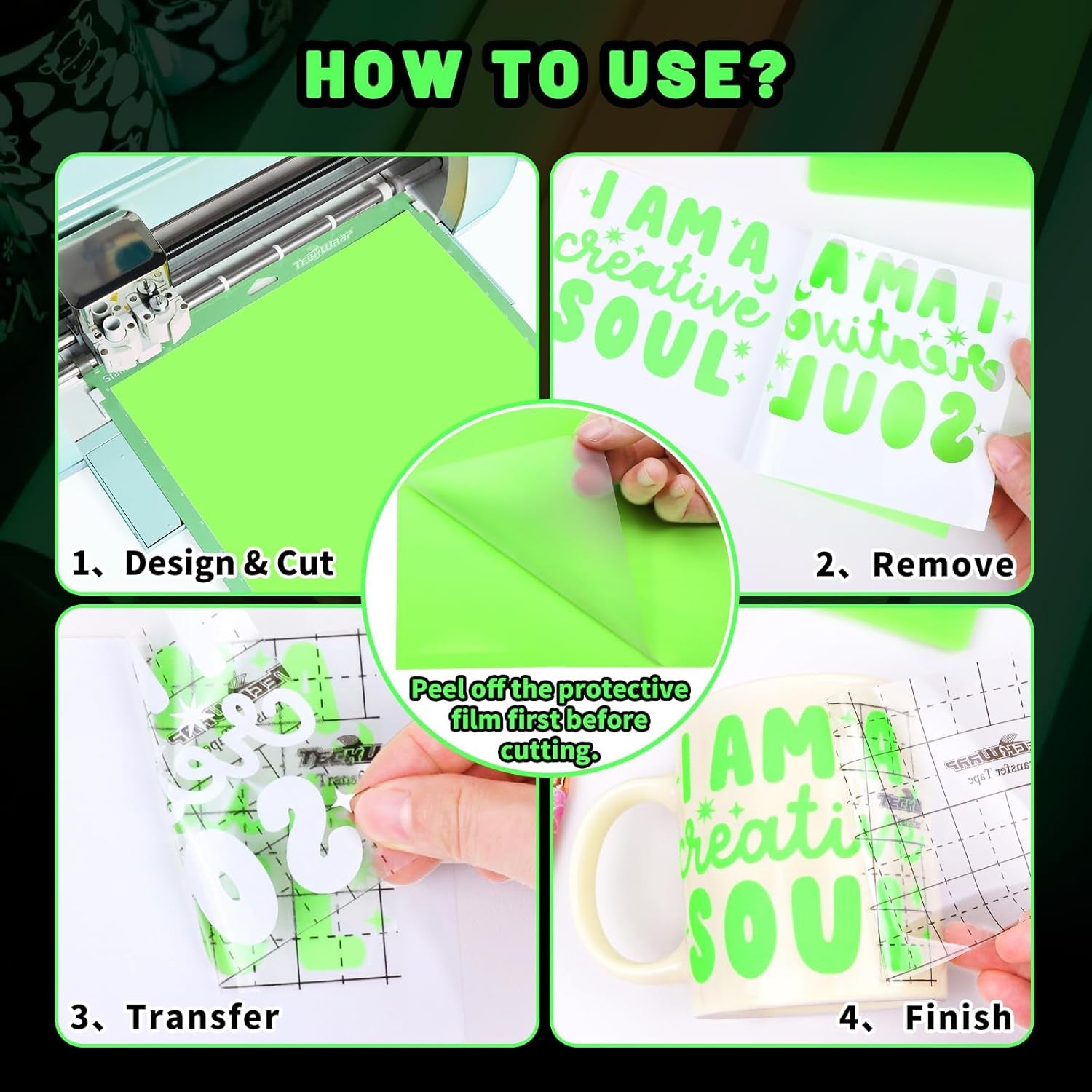 Glow in Dark Matte Neon Adhesive Craft Vinyl Precut Sheets 12" X 12" 6 Sheets/Pack for Craft Cutters,Sign Plotters