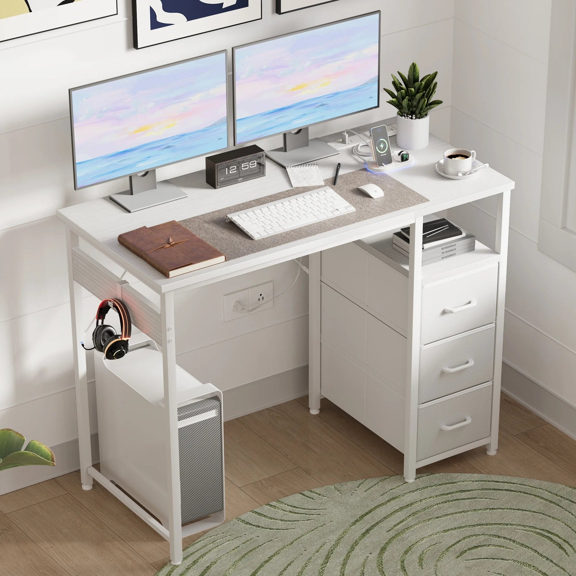 40 Inch Computer Desk with Power Outlets, Home Office Desk with 3 Drawers, Writing Desk with Removable Monitor Shelf, Pure White