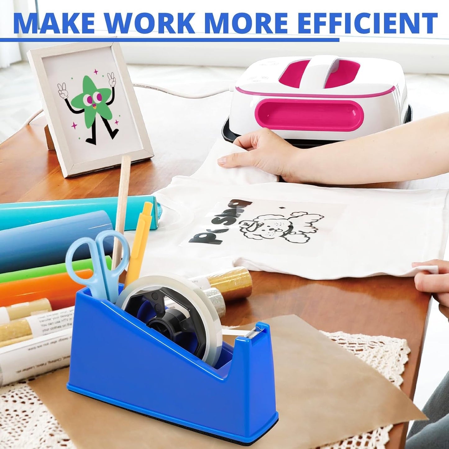Heat Tape Dispenser - Sublimation Heat Transfer Tape Dispenser Holder Fits 1"& 3" Cores, Blue Desk Dispenser Sets for Office and School