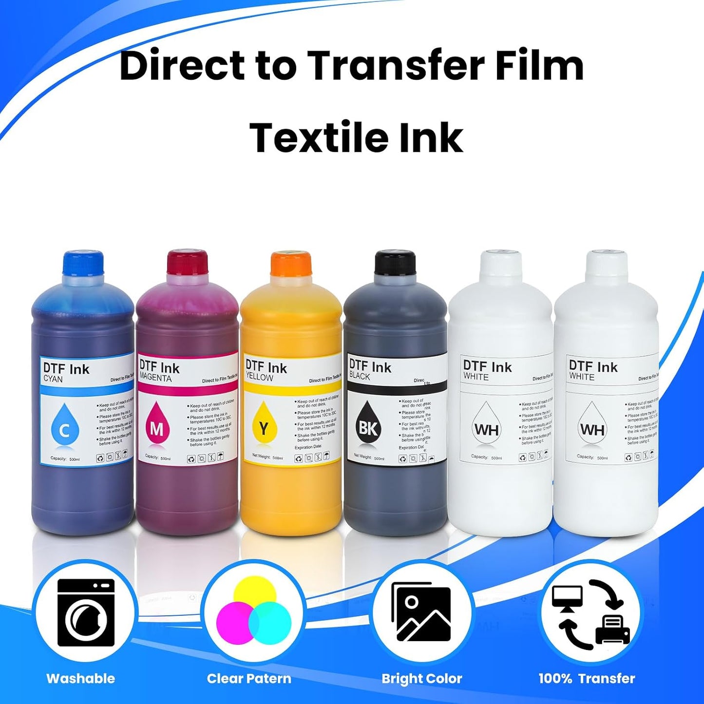 Premium DTF Ink 500 Ml 6-Pack, DTF Heat Transfer Ink Refill ET-8550 | for All DTF Printers L1800 R2400 L800 DX5 DX7 5113 XP600 I3200 (2White, 1Black, 1Cyan, 1Magenta, 1Yellow)