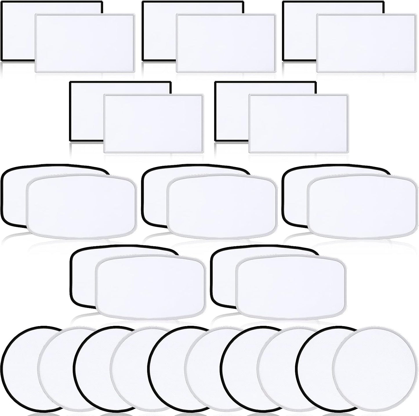 30 Pieces Sublimation Patches Fabric Iron-On Blank Patches 3 Shapes Repair Embroidery Sublimation Blank Hat Embroidery for DIY Crafts, Caps Clothes Shoes Bags Backpacks Uniforms(Black and White Frame)