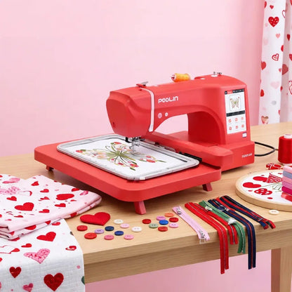 Poolin EOC07-RE Computerized Embroidery Machine 7.8In*14.9In Max Embroidery Area with 4 Hoops, 7 Inch LCD Touchscreen, 8 Fonts,12 Languages,200 Fancy Patterns, USB & Wireless, Software