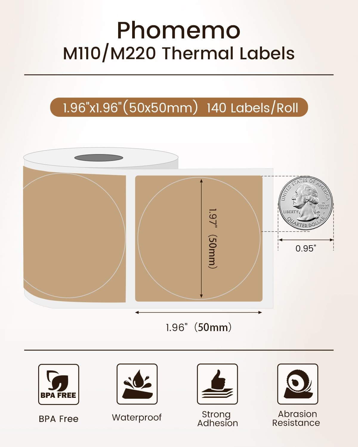 Phomemo Labels M110- for M110/M220/M250/M221/M260, 1.96" X1.96"(50X50Mm), Black on Brown, 140 Labels, for Small Business, Home, Office
