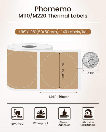 Phomemo Labels M110- for M110/M220/M250/M221/M260, 1.96" X1.96"(50X50Mm), Black on Brown, 140 Labels, for Small Business, Home, Office