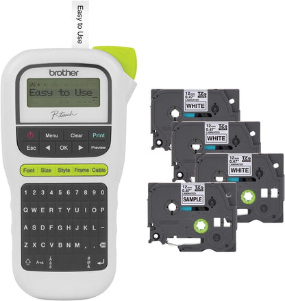 P-Touch, PTH110BP, Easy Portable Label Maker Bundle (4 Label Tapes Included), White, Small