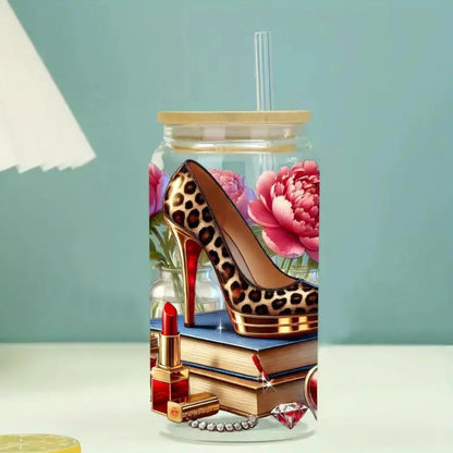 5Pcs Leopard Print Luxury High Heels UV DTF Cup Wraps Winter UV DTF Transfer Sticker for Glass Cups Furniture Craft DIY Crafts，Rub on Transfer Stickers for DIY Water Bottle Laptop Decal Wood Car