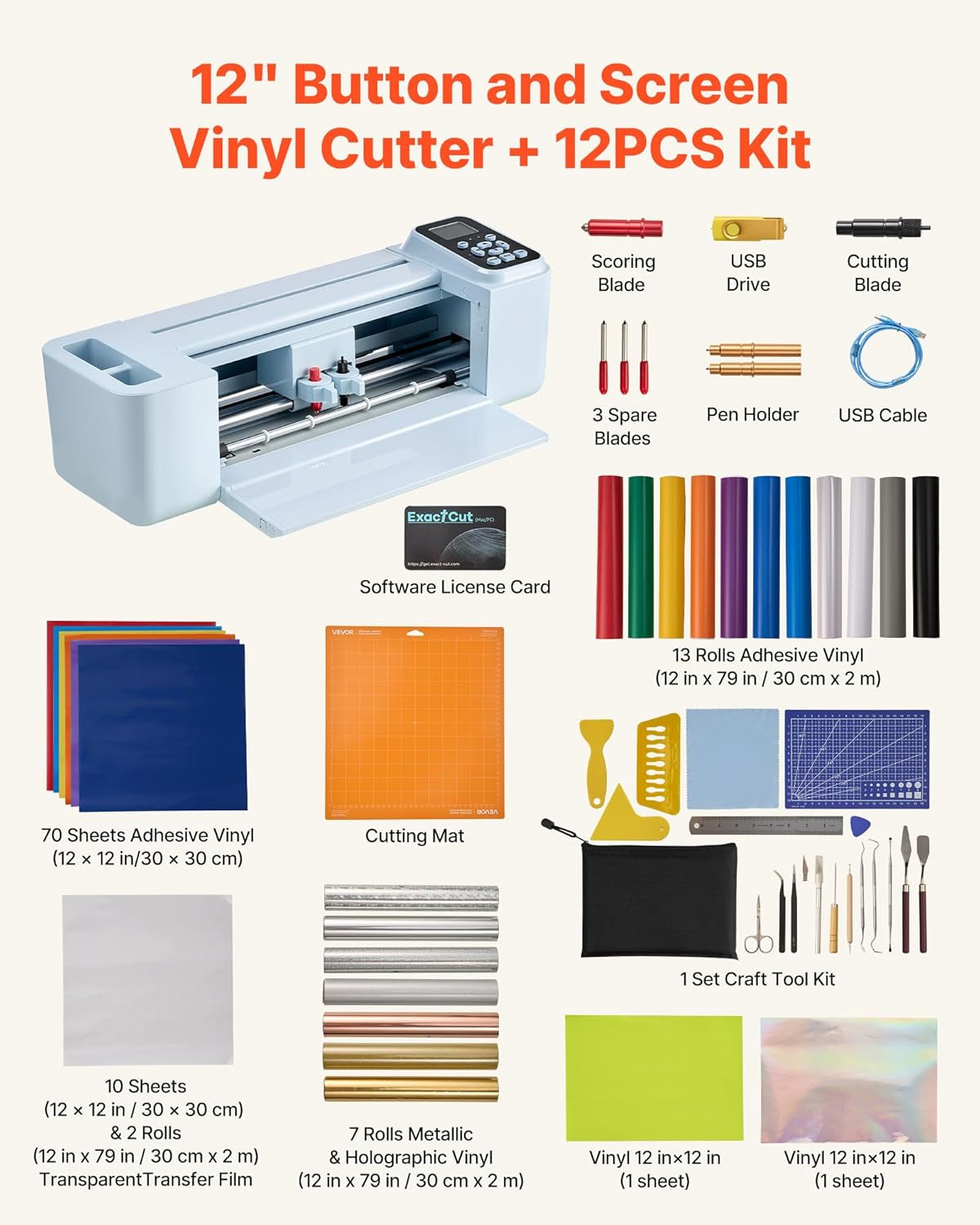 VEVOR Vinyl Cutting Machine, 12 In, Button and Screen Controlled Vinyl Cutter with Materials and Tool Kit, 5000+ Built-In Design Resources, Compatible with Mac, Windows, Android and Ios, for Crafts