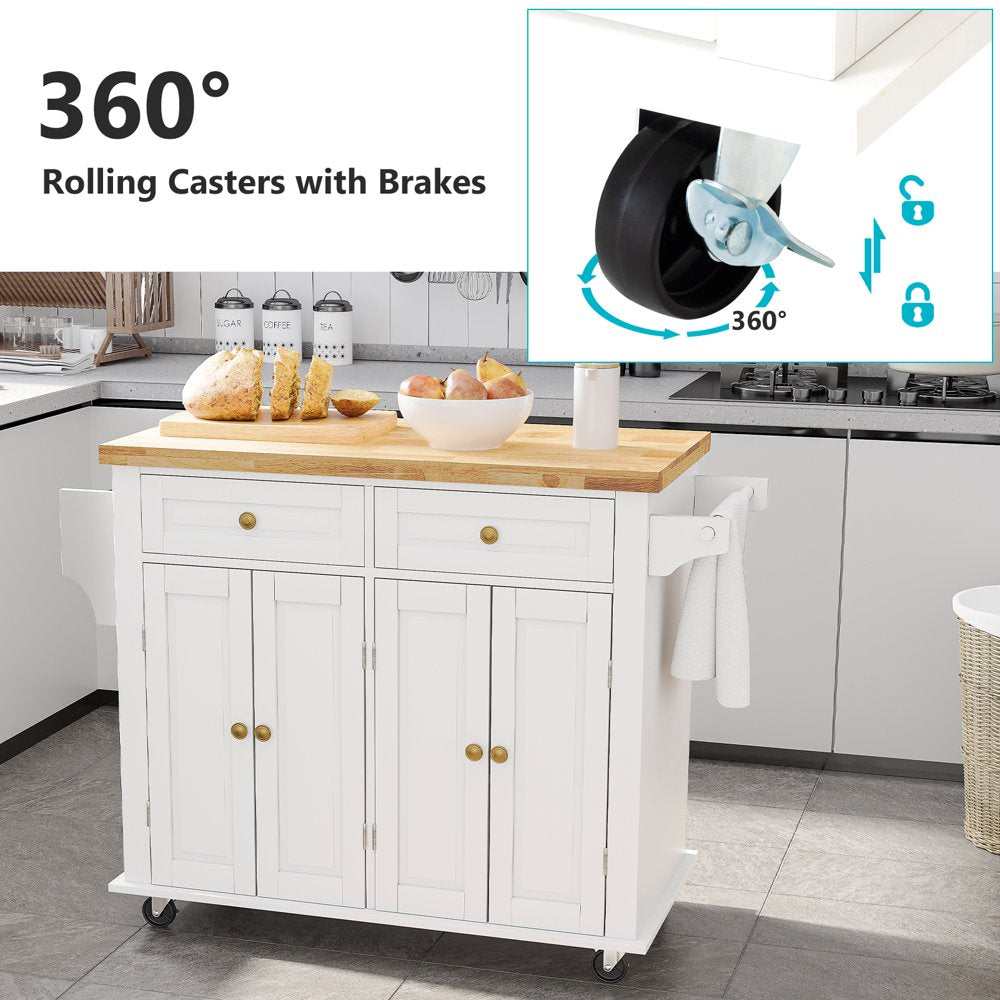 Rolling Kitchen Island, Kitchen Cart with Rubber Wood Countertop, Lockable Casters, Adjustable Shelves, Matte(White-43.3"X17.7"X32.5")