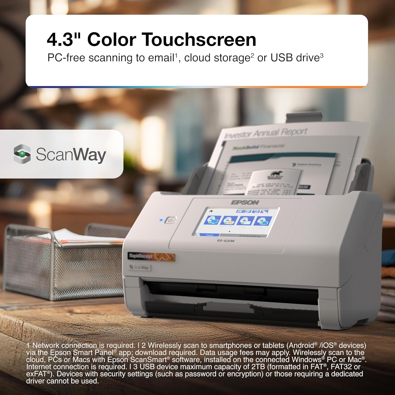Epson Rapidreceipt RR-620W Wireless & USB High-Speed AI & Cloud Ready Desktop Color Duplex Receipt & Document Scanner for Mac & PC, up to 45 Ppm, 4.3" Color Touchscreen, 100-Page Auto Document Feeder