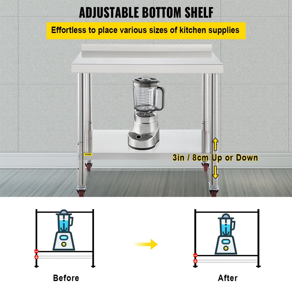 Stainless Steel Prep Table, 24 X 15 X 35 Inch, 440Lbs Load Capacity Heavy Duty Metal Worktable with Backsplash Adjustable Undershelf & 4 Casters, Commercial Workstation for Kitchen Restaurant