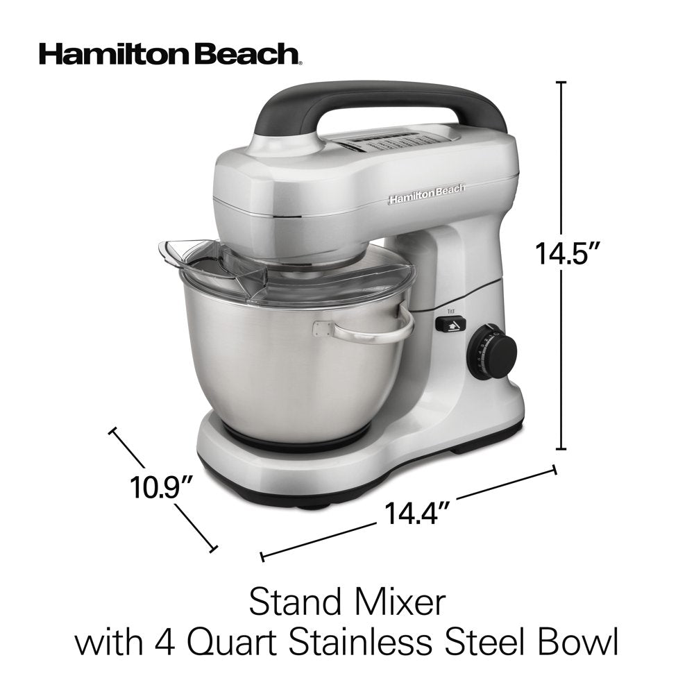 Electric Stand Mixer with 4 Quart Stainless Bowl, 7 Speeds, Whisk, Dough Hook, and Flat Beater Attachments, Splash Guard, 300 Watts, Silver, 63392