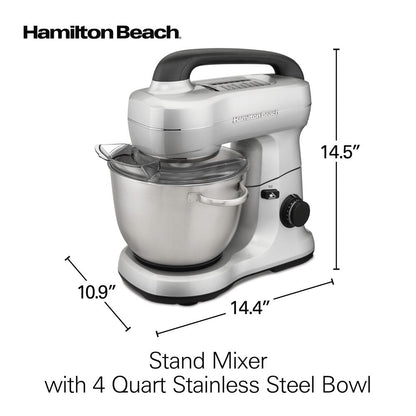 Electric Stand Mixer with 4 Quart Stainless Bowl, 7 Speeds, Whisk, Dough Hook, and Flat Beater Attachments, Splash Guard, 300 Watts, Silver, 63392