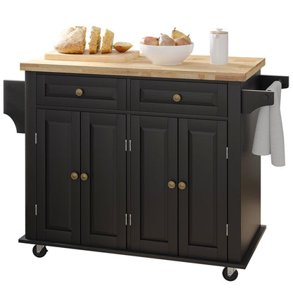 Rolling Kitchen Island, Kitchen Cart with Rubber Wood Countertop, Lockable Casters, Adjustable Shelves, Matte(Black-43.3"X17.7"X32.5")