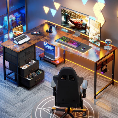 L Shaped Computer Desk with Charging Station, 53 Inch PC Table Study Desk 4 Tier Drawers, Modern Simple Style Laptop Desk for Bedroom, Vintage