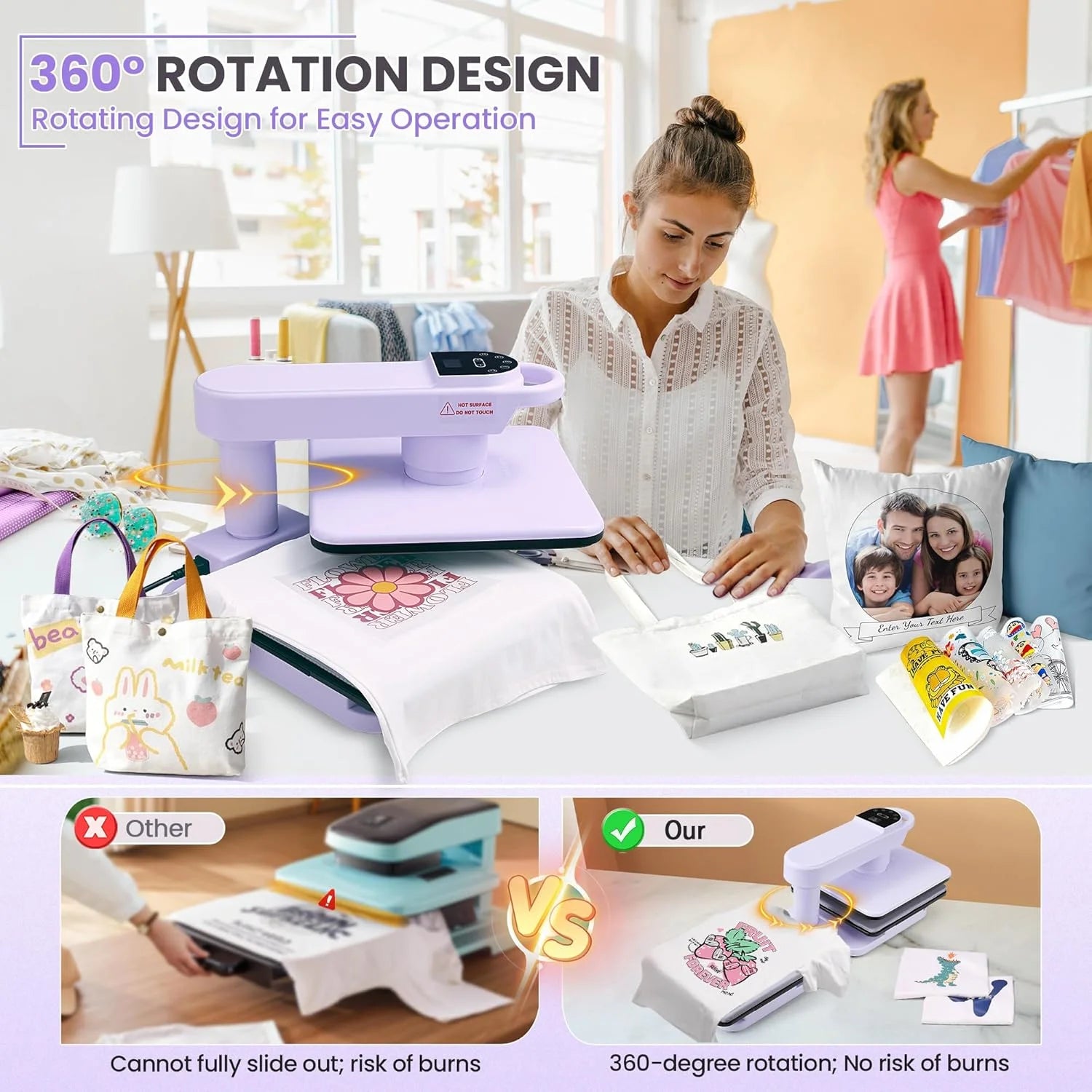 Adnoom Auto Heat Press Machine with Swivel Design,Auto Release & Off,15X15 Sublimation Shirt Press with Higher Heating Height for T-Shirt,Heat Transfer Projects,Purple