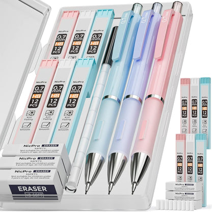 Nicpro 3PCS Cute Mechanical Pencil Set with Case, 0.7 Mm Pencils with 6 Tube HB Lead Refill, 3PCS Eraser, 9PCS Eraser Refill for School Supplies Student Writing, Drafting Drawing Sketching
