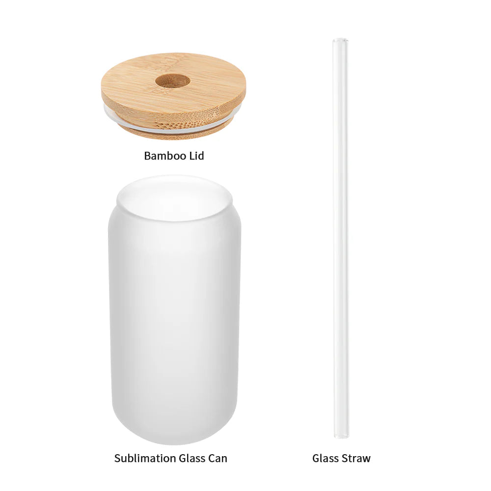Wholesale 18 OZ Sublimation Blanks Glass Cans Tumblers Frosted Bulk with Bamboo Lid and Glass Straw 12 Pack & 60 Pack & 120 Pack