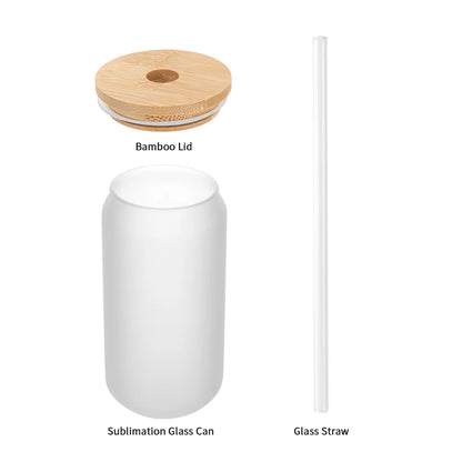 Wholesale 18 OZ Sublimation Blanks Glass Cans Tumblers Frosted Bulk with Bamboo Lid and Glass Straw 12 Pack & 60 Pack & 120 Pack