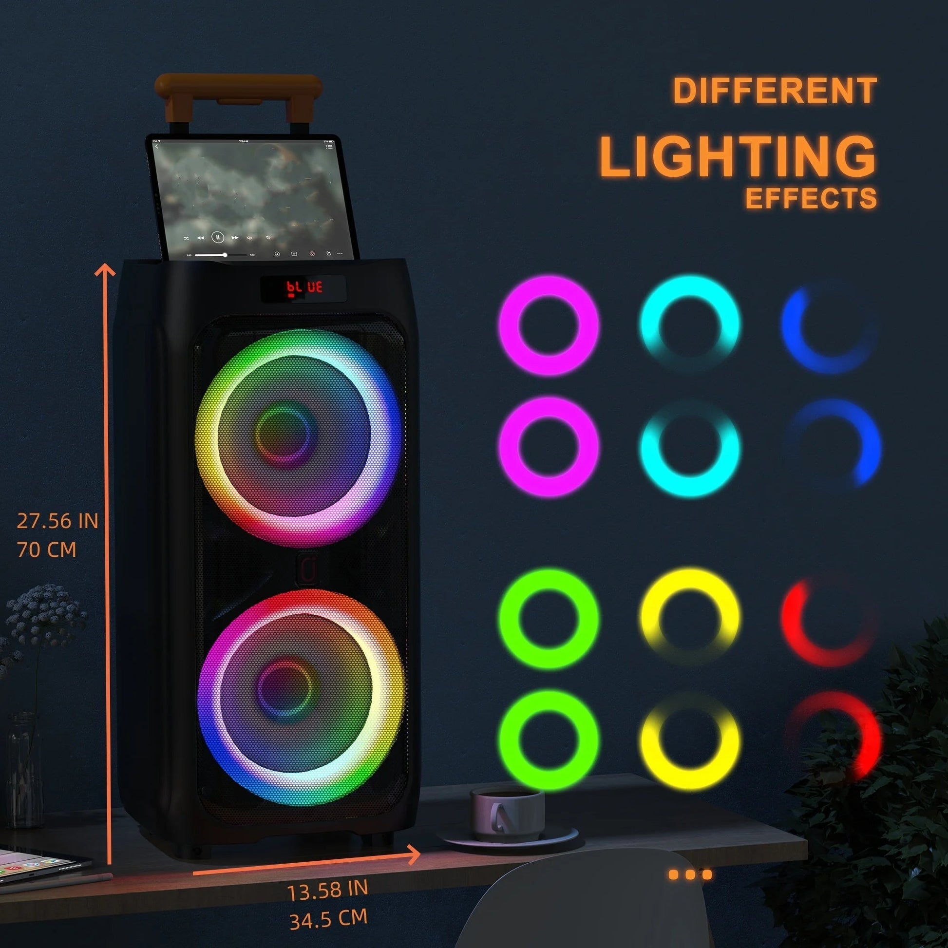 Large Party Speaker, Bluetooth Speaker with Wheels, Trolley Bar, LED Party Light, 2 Microphones