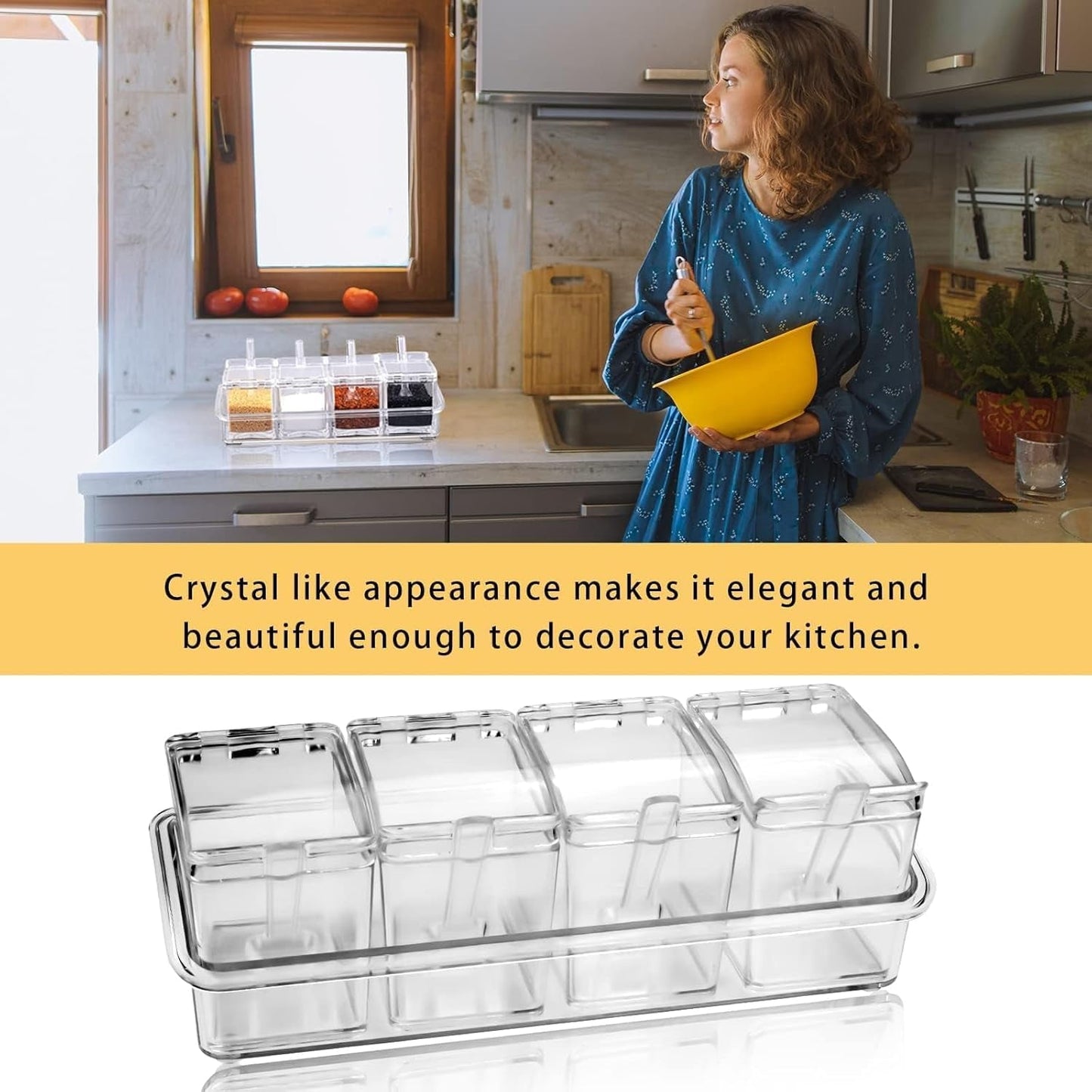 Clear Seasoning Box, 4 Pieces Seasoning Rack Spice Pots, Storage Container Condiment Jars Acrylic with Cover and Spoon for Sugar Salt Cardamon Cinnamon Tea Herbal (Basic Clear)