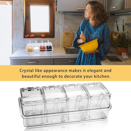 Clear Seasoning Box, 4 Pieces Seasoning Rack Spice Pots, Storage Container Condiment Jars Acrylic with Cover and Spoon for Sugar Salt Cardamon Cinnamon Tea Herbal (Basic Clear)