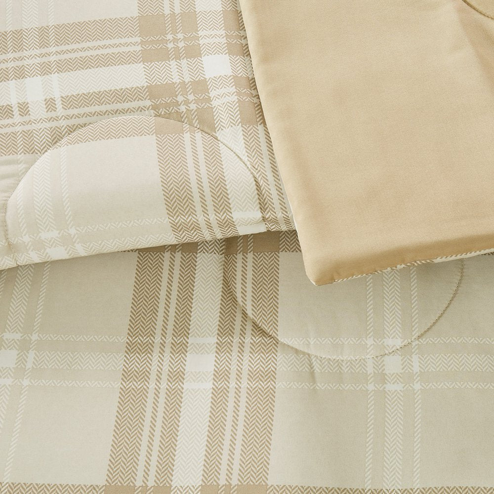 7-Piece Reversible Beige Plaid Bed in a Bag Comforter Set with Sheets, King