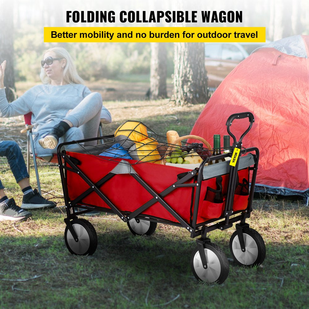 brand Collapsible Wagon Cart ,Folding Wagon Cart , 176 Lbs Load Beach Wagon Oversized Wheels, Portable Folding Wagon Adjustable Handles for Beach, Garden, Sports, Camping, Red & Gray