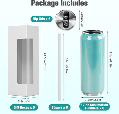 Colorsub 17 Oz Sublimation Glitter Tumblers Cans, Stainless Steel Sublimation Blanks Tumblers, Double Wall Insulated Cups Set with Lid, Straw, Gift Box, 6 Pack Teal