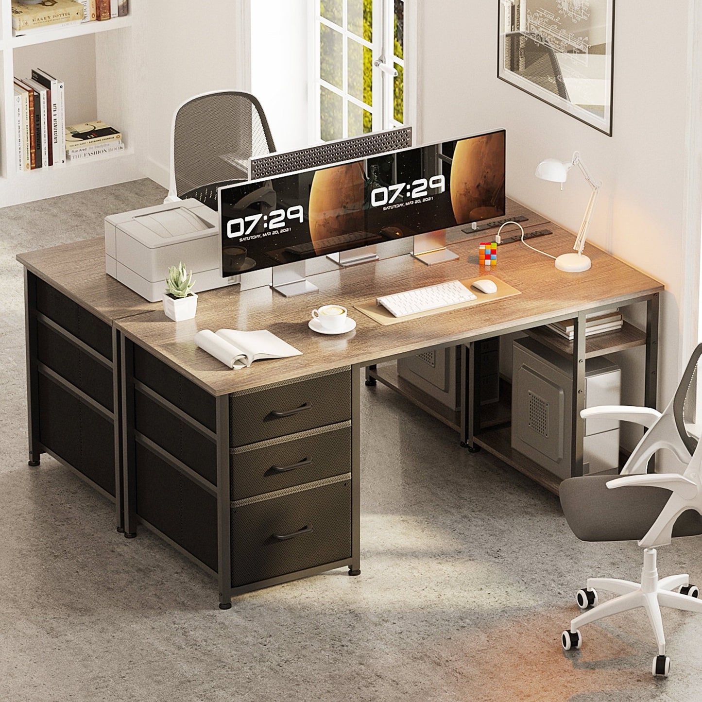 51 Inch Computer Desk with File Drawers & USB Power Outlets- Reversible Home Office Desk with Storage Shelves, Work from Home, Writing Table for Bedroom, Gray Oak