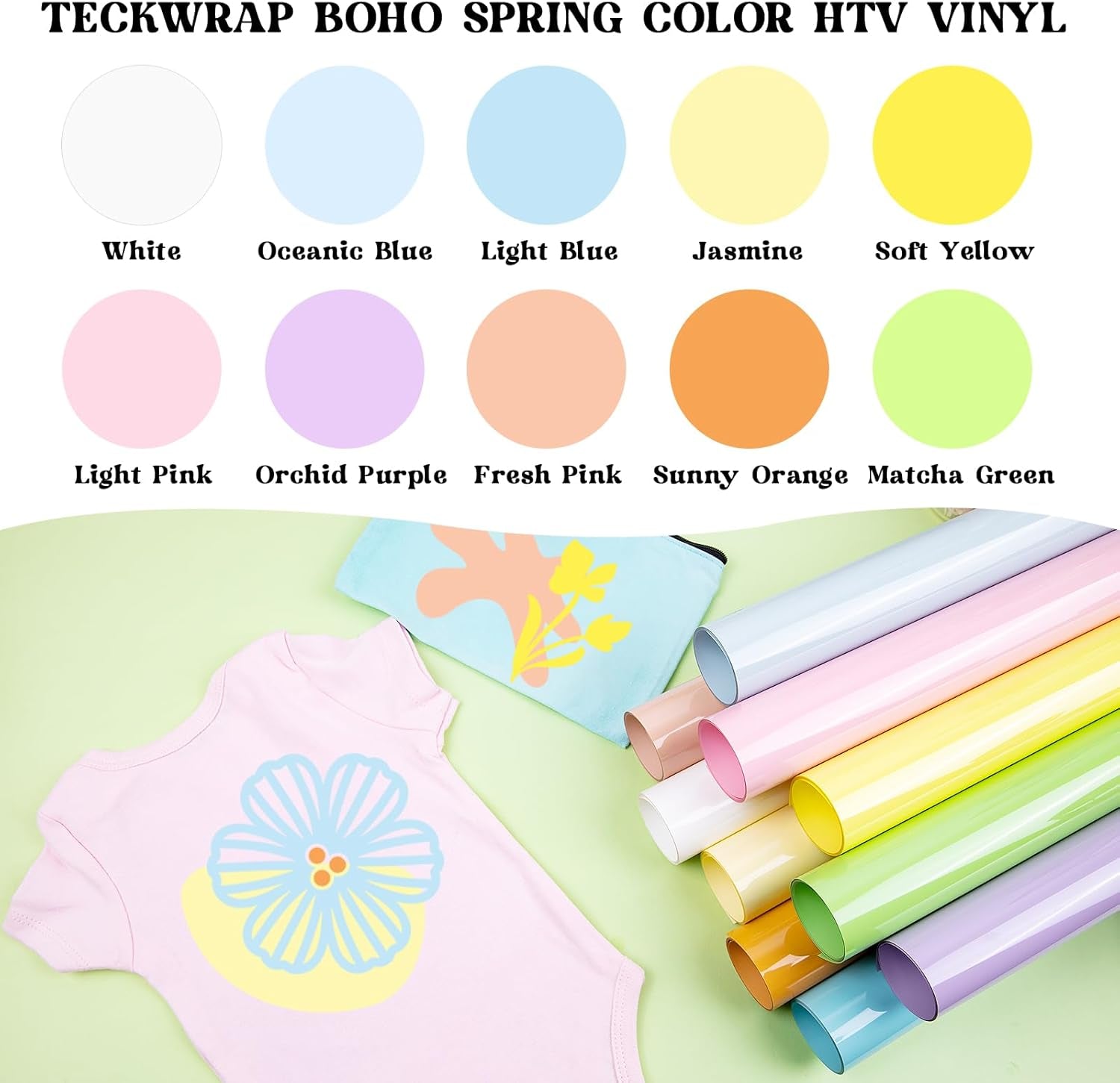 Heat Transfer Vinyl (HTV) Rolls – 10 Pack 12" X3Ft Pastel Iron-On Vinyl, Easy to Cut & Weed for Heat Press Machine & DIY Apparel