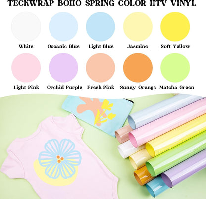 Heat Transfer Vinyl (HTV) Rolls – 10 Pack 12" X3Ft Pastel Iron-On Vinyl, Easy to Cut & Weed for Heat Press Machine & DIY Apparel