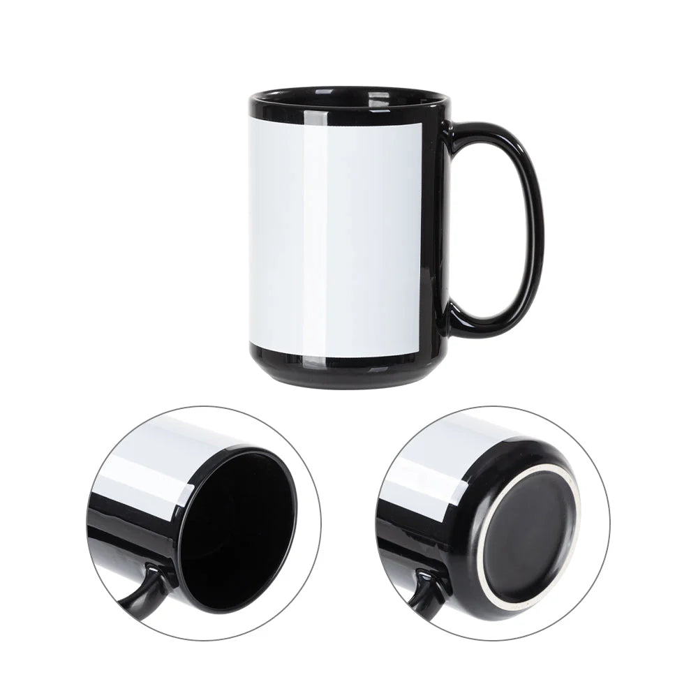 Wholesale 15 OZ Sublimation Ceramic Coffee Mugs Black with White Patch & Strong Inner Box 8 Pack