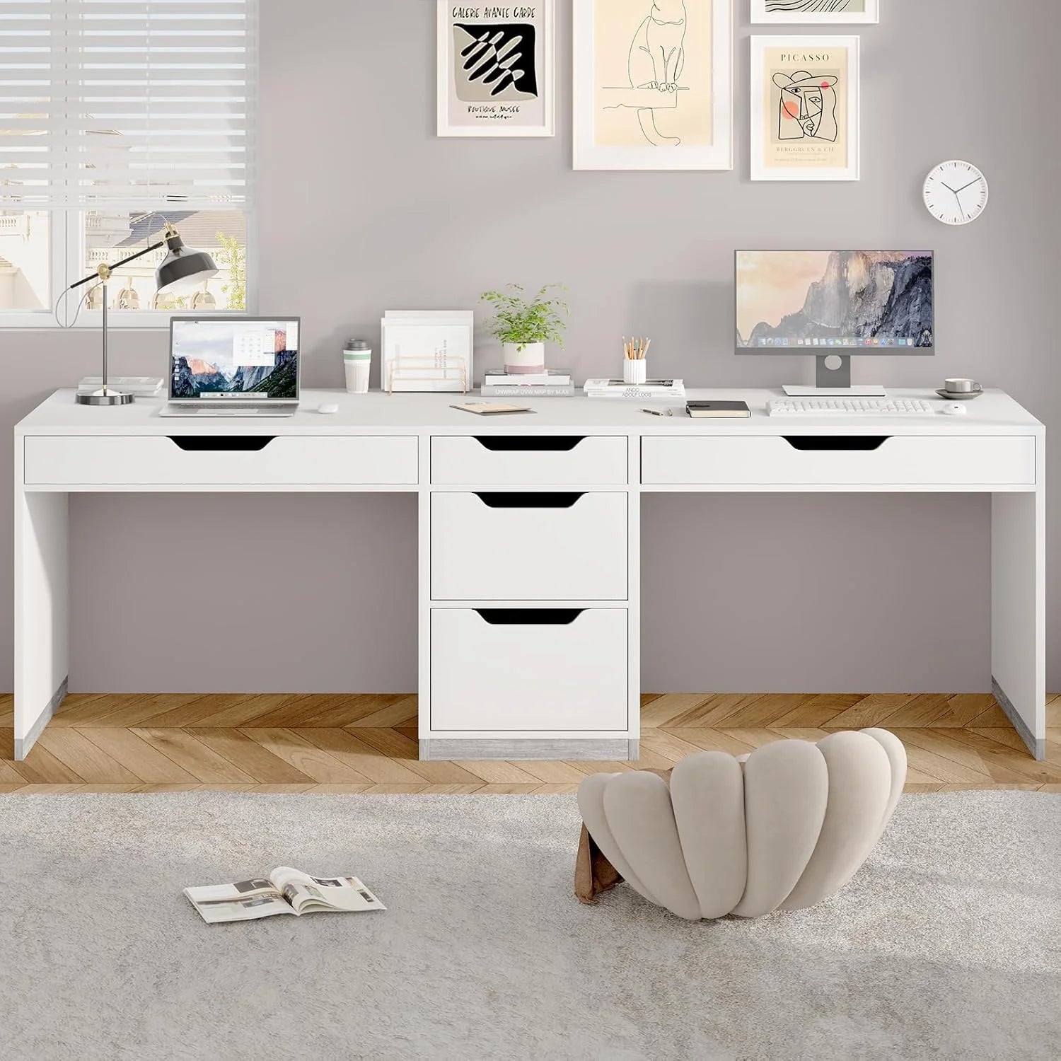 78 Inch Two Person Desk, 2 Person Desk with 5 Drawers, Double Desk for Two People, Computer Desk for Home Office, White