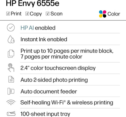 HP Envy 6555E Wireless All-In-One Color Inkjet Printer, Portobello, Print, Scan, Copy, Duplex Printing Best-For-Home, 3 Month Instant Ink Trial Included, Ai-Enabled (714N5A)