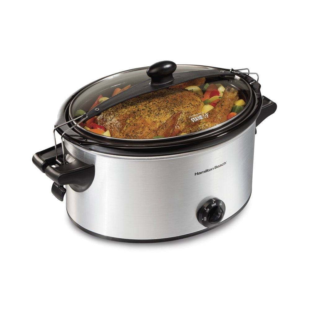 Stay or Go Slow Cooker, 6 Quart Capacity, Lid Lock, Serves 7+, Removable Crock, Silver, 33262