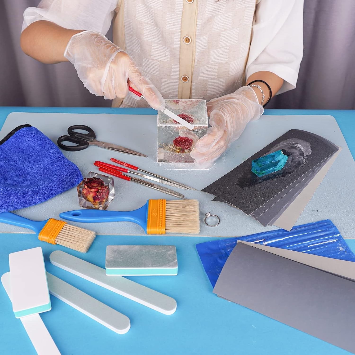 LET'S RESIN Polishing Kit,33Pcs Resin Supplies with Sandpaper,Resin File Kit,Polishing Strips&Blocks,Scissors,Wooden Brush,Cloth, Tools for Jewelry Making Supplies, Silicone Molds