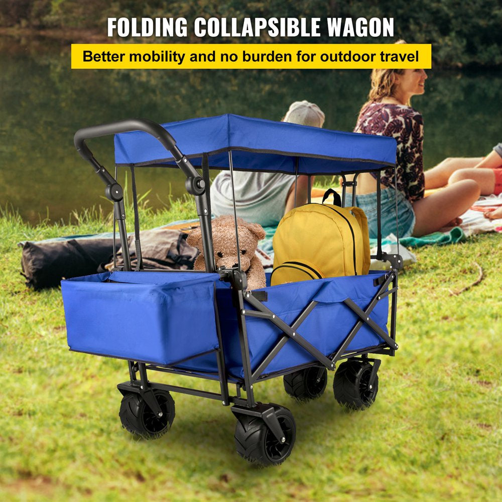 brand Collapsible Wagon Cart Blue, Foldable Wagon Cart Removable Canopy 600D Oxford Cloth, Collapsible Wagon Oversized Wheels, Portable Folding Wagon Adjustable Handles, Beach, Garden, Sports