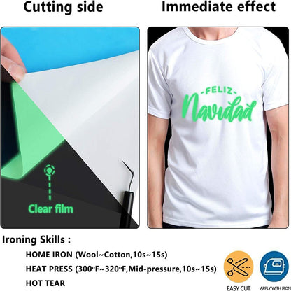 12" X 8FT Glow in the Dark White to Blue Green Heat Transfer Vinyl Iron on T-Shirt for Cricut & All Cutter Machine