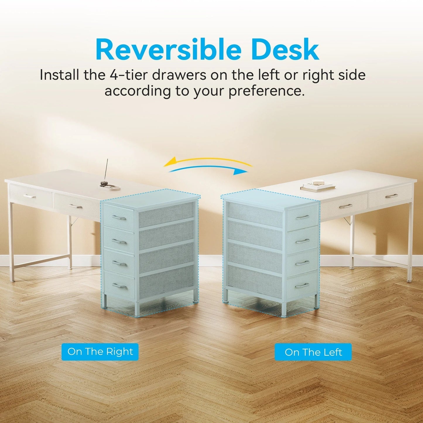 48" Home Office Desk with 6 Drawers, Modern Computer Desk with Small Space, Corner Computer Desk, Pure White