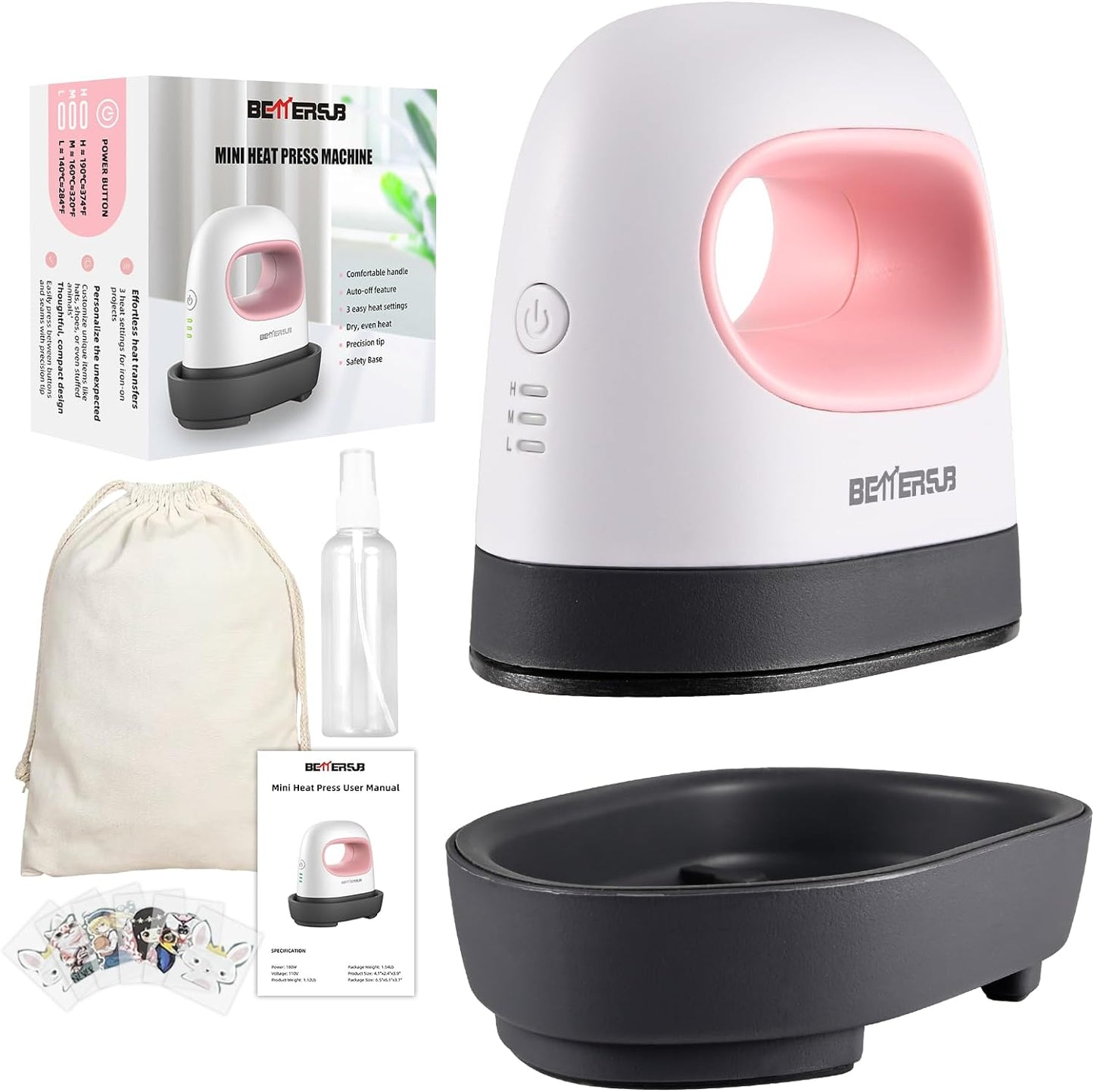 Bettersub Mini Heat Press Machine, Small Heat Press Portable Iron Press Machine, Sublimation and HTV Vinyl Shirt Press Machine for Hat, Bags, Heating Transfer Small Projects (Pink)